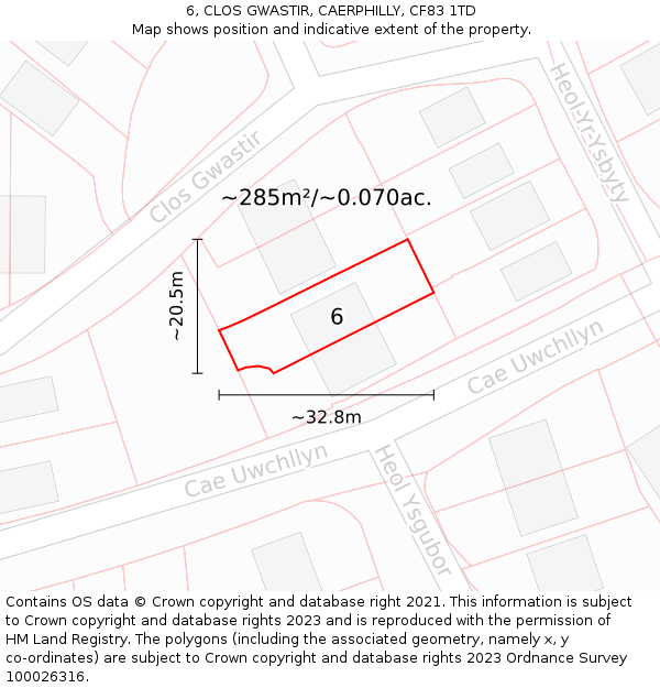 6, CLOS GWASTIR, CAERPHILLY, CF83 1TD: Plot and title map