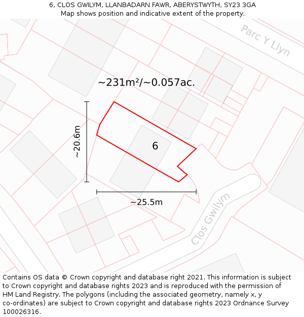 6, CLOS GWILYM, LLANBADARN FAWR, ABERYSTWYTH, SY23 3GA: Plot and title map