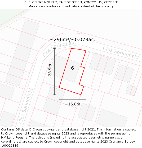 6, CLOS SPRINGFIELD, TALBOT GREEN, PONTYCLUN, CF72 8FE: Plot and title map