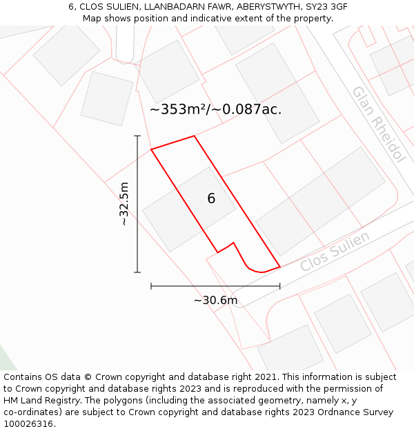 6, CLOS SULIEN, LLANBADARN FAWR, ABERYSTWYTH, SY23 3GF: Plot and title map
