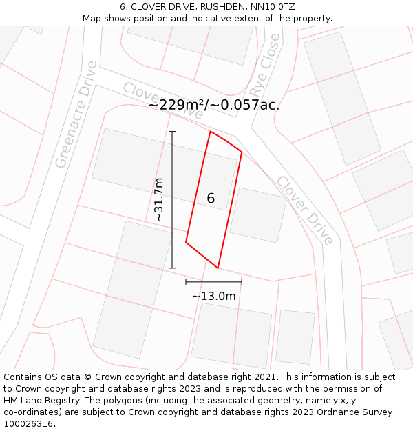 6, CLOVER DRIVE, RUSHDEN, NN10 0TZ: Plot and title map