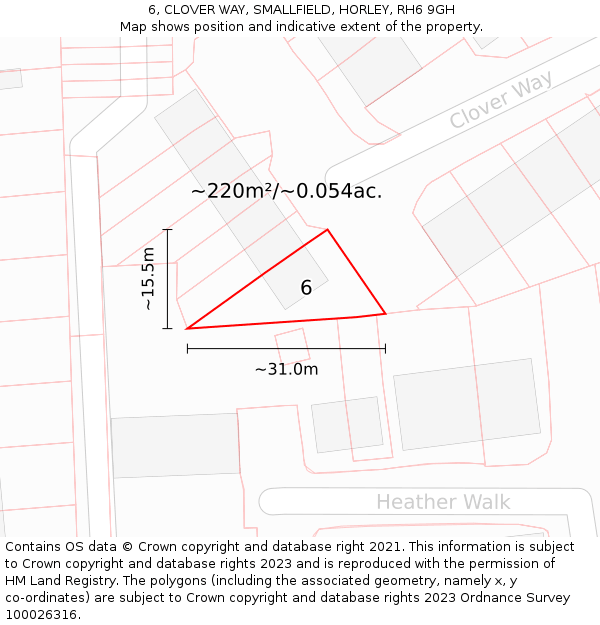 6, CLOVER WAY, SMALLFIELD, HORLEY, RH6 9GH: Plot and title map