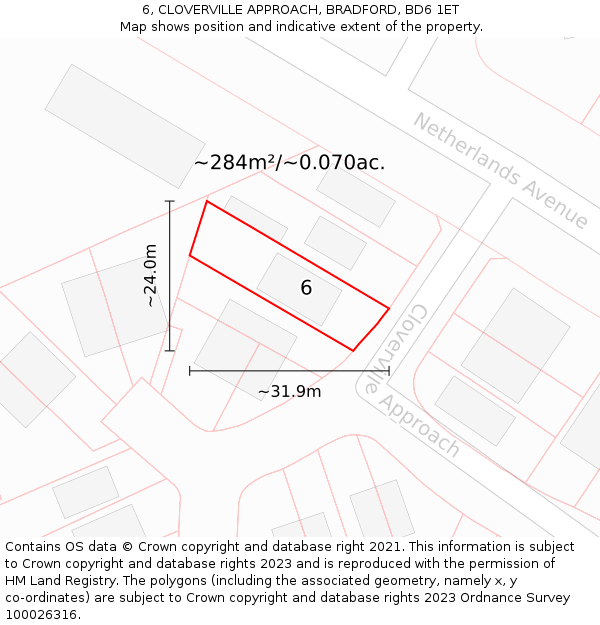 6, CLOVERVILLE APPROACH, BRADFORD, BD6 1ET: Plot and title map