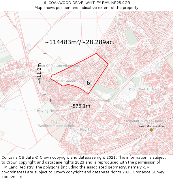 6, COANWOOD DRIVE, WHITLEY BAY, NE25 9GB: Plot and title map