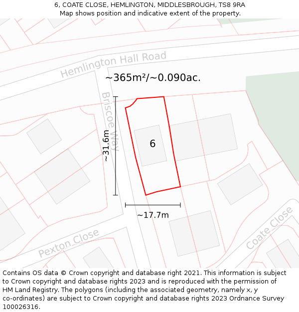 6, COATE CLOSE, HEMLINGTON, MIDDLESBROUGH, TS8 9RA: Plot and title map