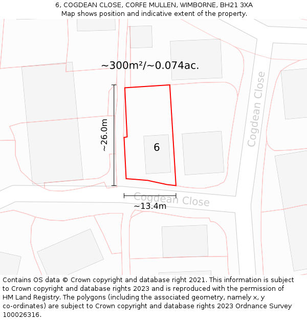 6, COGDEAN CLOSE, CORFE MULLEN, WIMBORNE, BH21 3XA: Plot and title map