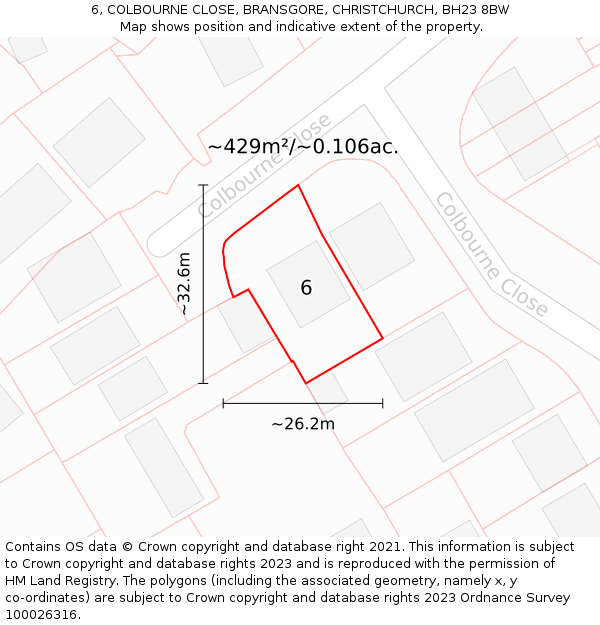6, COLBOURNE CLOSE, BRANSGORE, CHRISTCHURCH, BH23 8BW: Plot and title map