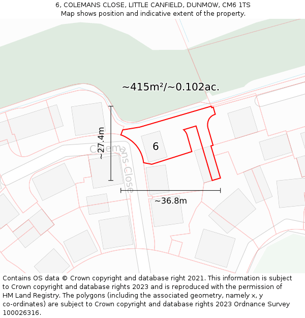 6, COLEMANS CLOSE, LITTLE CANFIELD, DUNMOW, CM6 1TS: Plot and title map