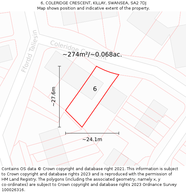 6, COLERIDGE CRESCENT, KILLAY, SWANSEA, SA2 7DJ: Plot and title map