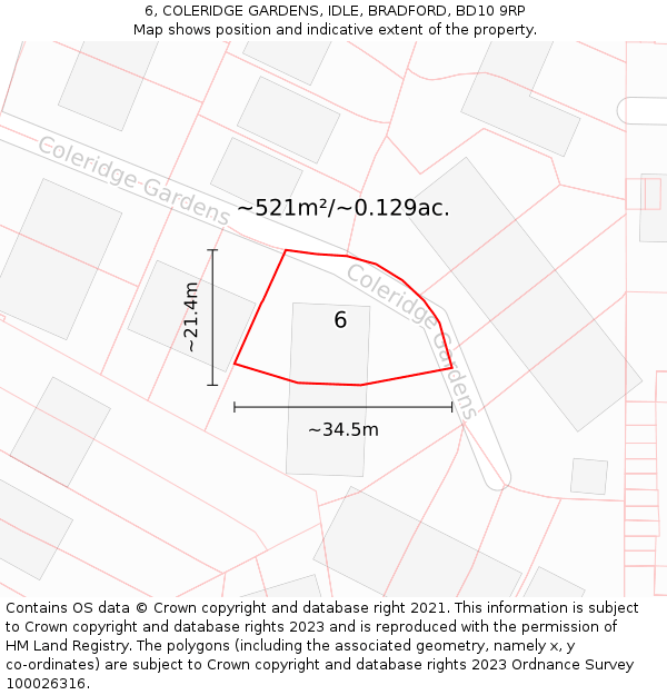 6, COLERIDGE GARDENS, IDLE, BRADFORD, BD10 9RP: Plot and title map