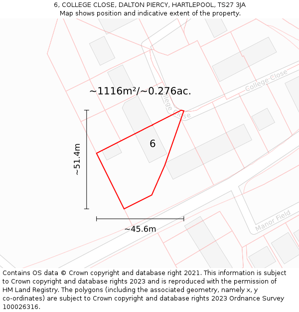 6, COLLEGE CLOSE, DALTON PIERCY, HARTLEPOOL, TS27 3JA: Plot and title map