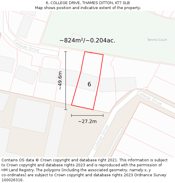 6, COLLEGE DRIVE, THAMES DITTON, KT7 0LB: Plot and title map