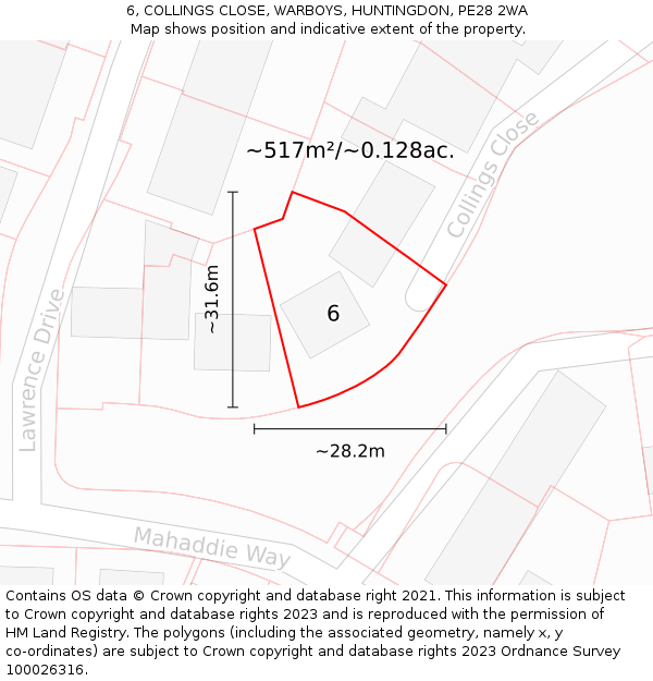 6, COLLINGS CLOSE, WARBOYS, HUNTINGDON, PE28 2WA: Plot and title map
