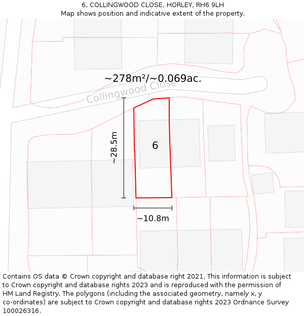 6, COLLINGWOOD CLOSE, HORLEY, RH6 9LH: Plot and title map