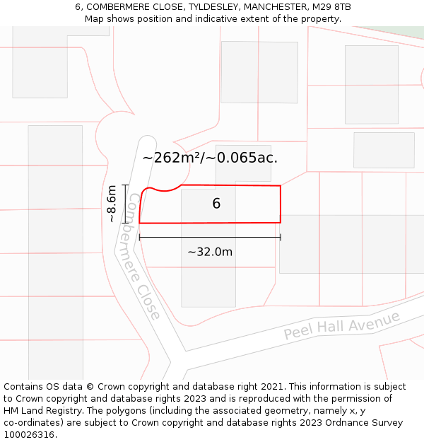 6, COMBERMERE CLOSE, TYLDESLEY, MANCHESTER, M29 8TB: Plot and title map