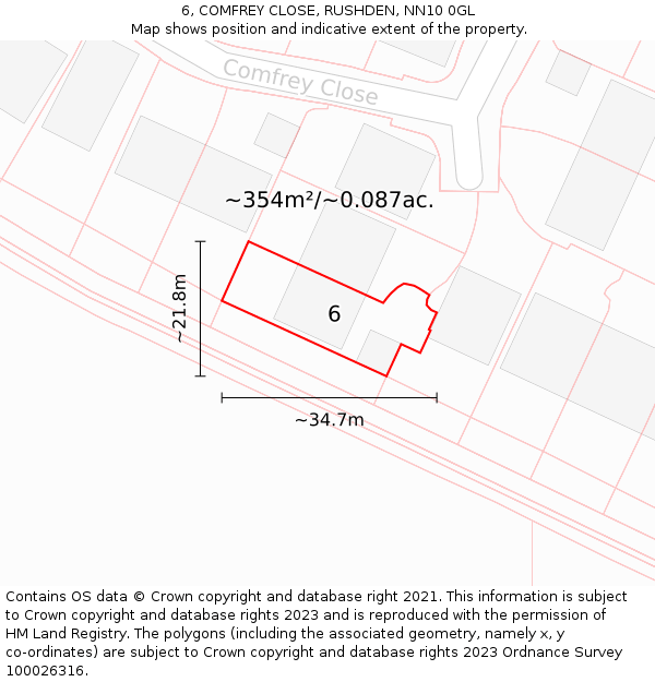 6, COMFREY CLOSE, RUSHDEN, NN10 0GL: Plot and title map