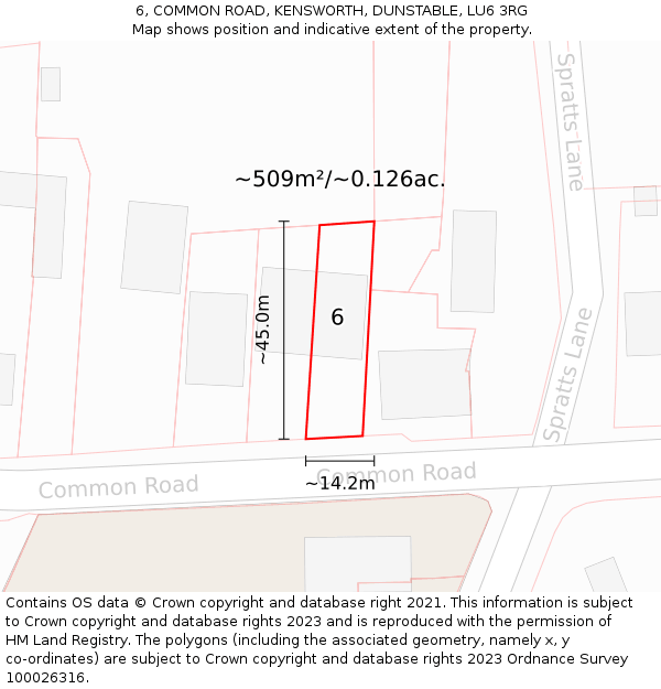6, COMMON ROAD, KENSWORTH, DUNSTABLE, LU6 3RG: Plot and title map