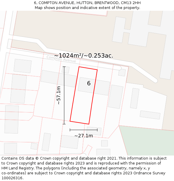 6, COMPTON AVENUE, HUTTON, BRENTWOOD, CM13 2HH: Plot and title map