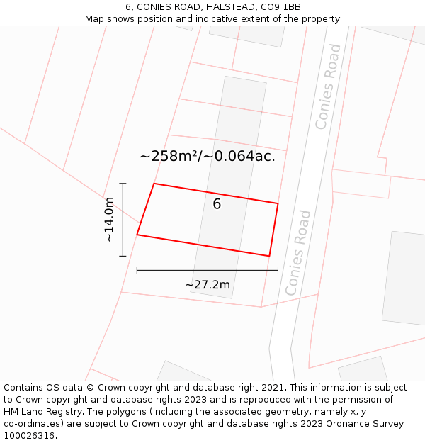6, CONIES ROAD, HALSTEAD, CO9 1BB: Plot and title map