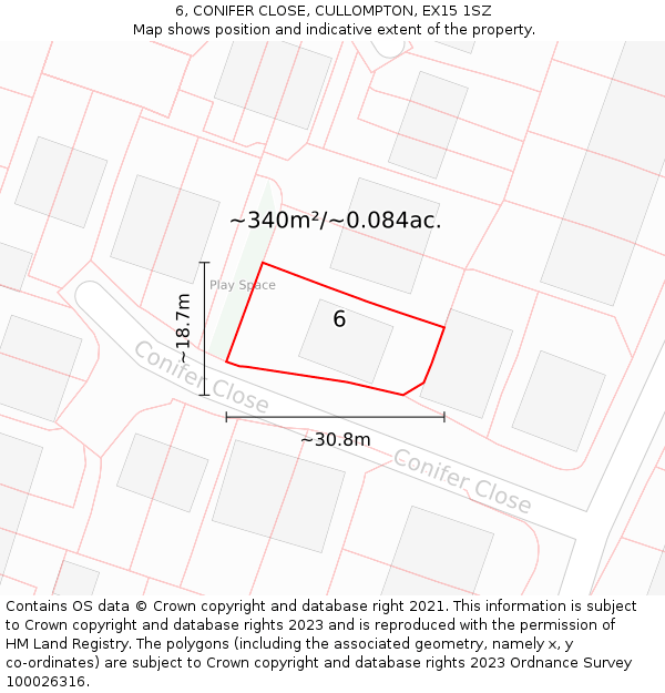 6, CONIFER CLOSE, CULLOMPTON, EX15 1SZ: Plot and title map