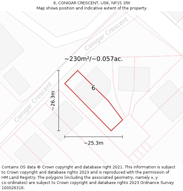6, CONIGAR CRESCENT, USK, NP15 1RX: Plot and title map