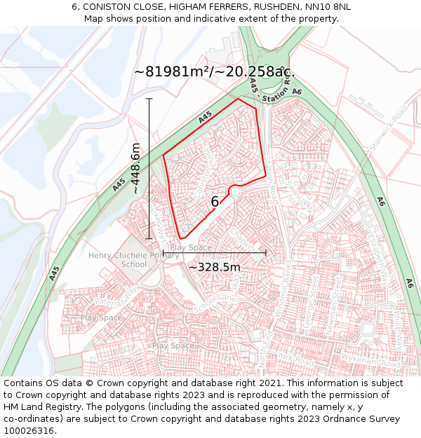 6, CONISTON CLOSE, HIGHAM FERRERS, RUSHDEN, NN10 8NL: Plot and title map