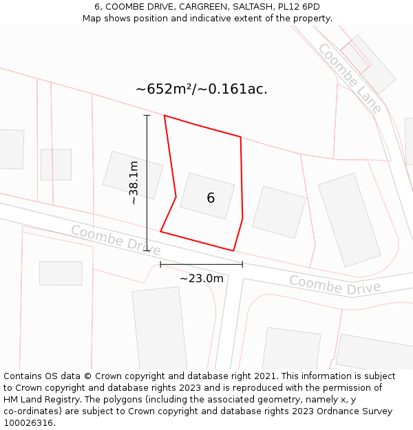 6, COOMBE DRIVE, CARGREEN, SALTASH, PL12 6PD: Plot and title map