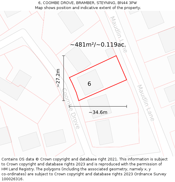 6, COOMBE DROVE, BRAMBER, STEYNING, BN44 3PW: Plot and title map