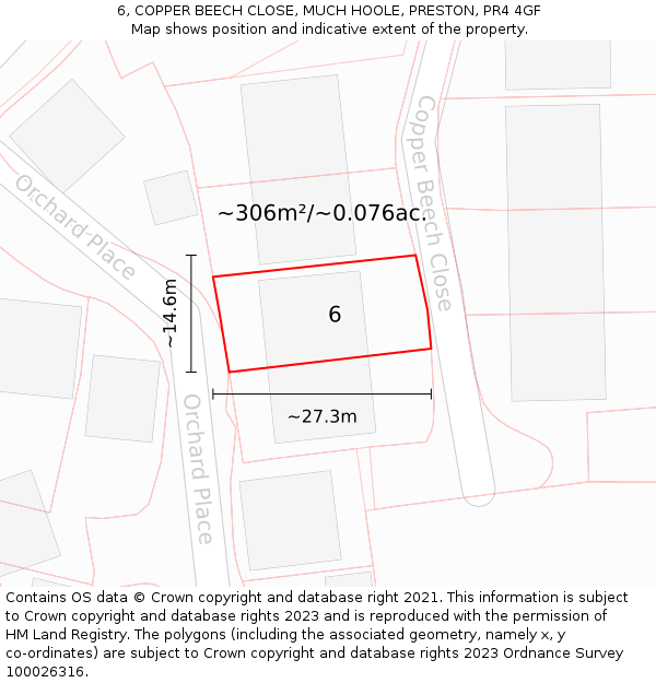 6, COPPER BEECH CLOSE, MUCH HOOLE, PRESTON, PR4 4GF: Plot and title map