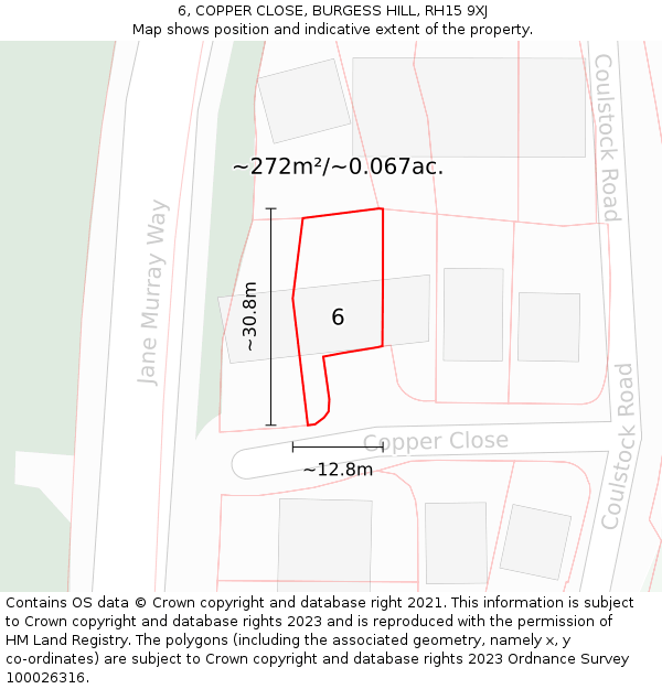 6, COPPER CLOSE, BURGESS HILL, RH15 9XJ: Plot and title map