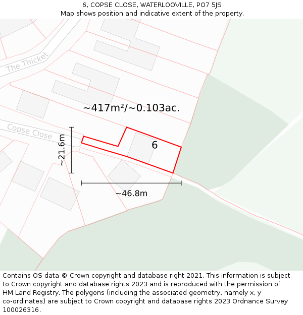 6, COPSE CLOSE, WATERLOOVILLE, PO7 5JS: Plot and title map