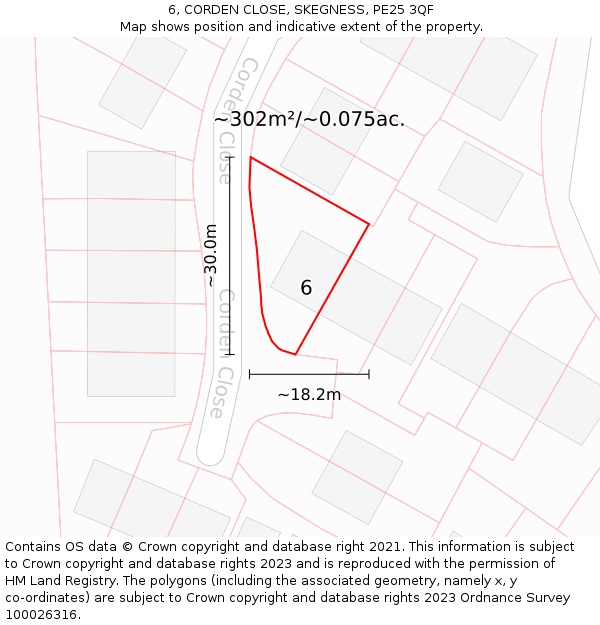 6, CORDEN CLOSE, SKEGNESS, PE25 3QF: Plot and title map