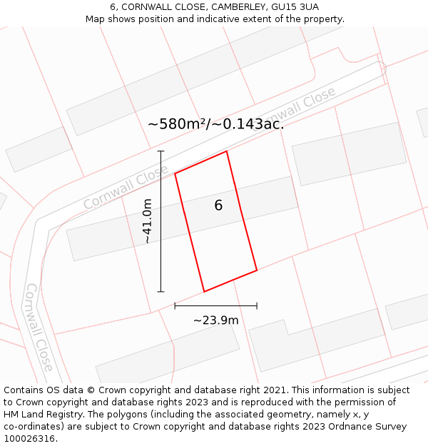 6, CORNWALL CLOSE, CAMBERLEY, GU15 3UA: Plot and title map
