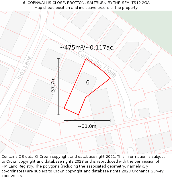 6, CORNWALLIS CLOSE, BROTTON, SALTBURN-BY-THE-SEA, TS12 2GA: Plot and title map