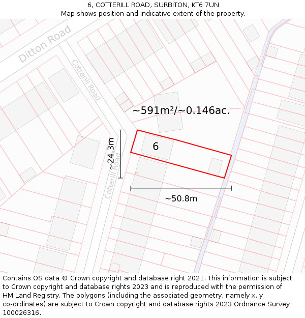 6, COTTERILL ROAD, SURBITON, KT6 7UN: Plot and title map