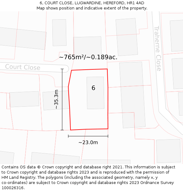 6, COURT CLOSE, LUGWARDINE, HEREFORD, HR1 4AD: Plot and title map