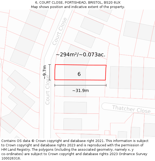 6, COURT CLOSE, PORTISHEAD, BRISTOL, BS20 6UX: Plot and title map
