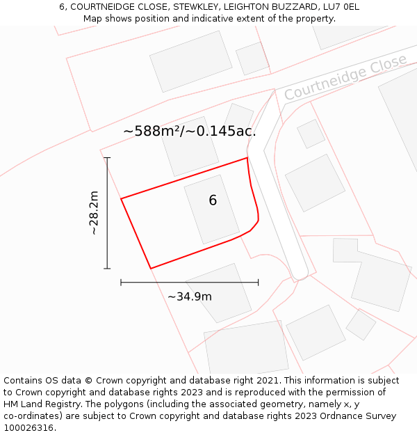 6, COURTNEIDGE CLOSE, STEWKLEY, LEIGHTON BUZZARD, LU7 0EL: Plot and title map