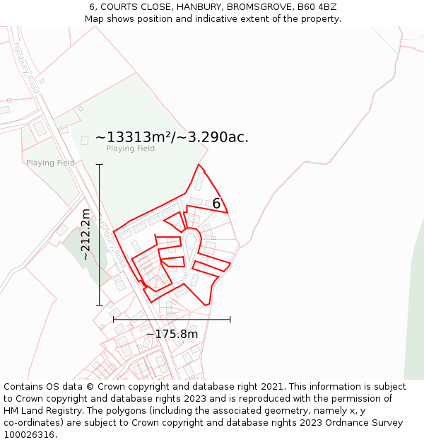 6, COURTS CLOSE, HANBURY, BROMSGROVE, B60 4BZ: Plot and title map