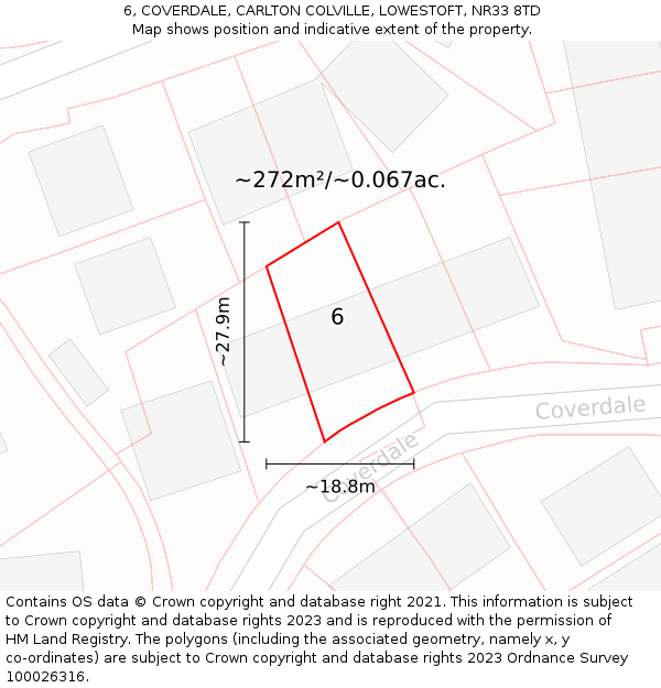 6, COVERDALE, CARLTON COLVILLE, LOWESTOFT, NR33 8TD: Plot and title map