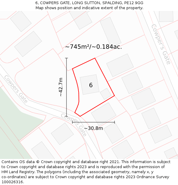 6, COWPERS GATE, LONG SUTTON, SPALDING, PE12 9GG: Plot and title map