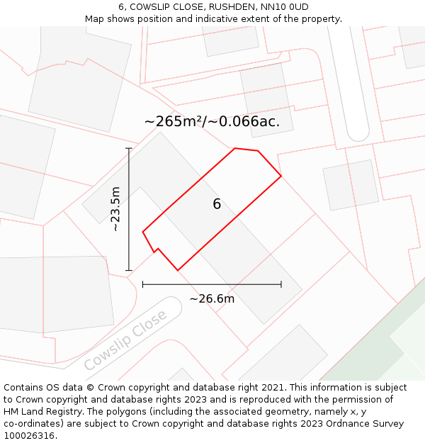 6, COWSLIP CLOSE, RUSHDEN, NN10 0UD: Plot and title map