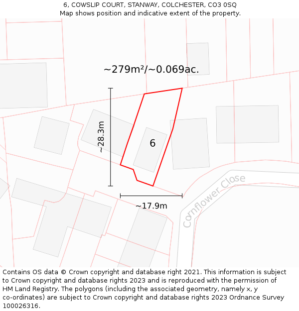 6, COWSLIP COURT, STANWAY, COLCHESTER, CO3 0SQ: Plot and title map