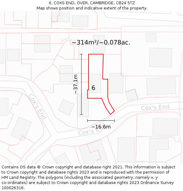 6, COXS END, OVER, CAMBRIDGE, CB24 5TZ: Plot and title map