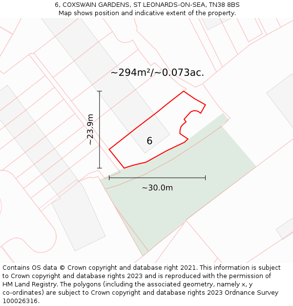 6, COXSWAIN GARDENS, ST LEONARDS-ON-SEA, TN38 8BS: Plot and title map