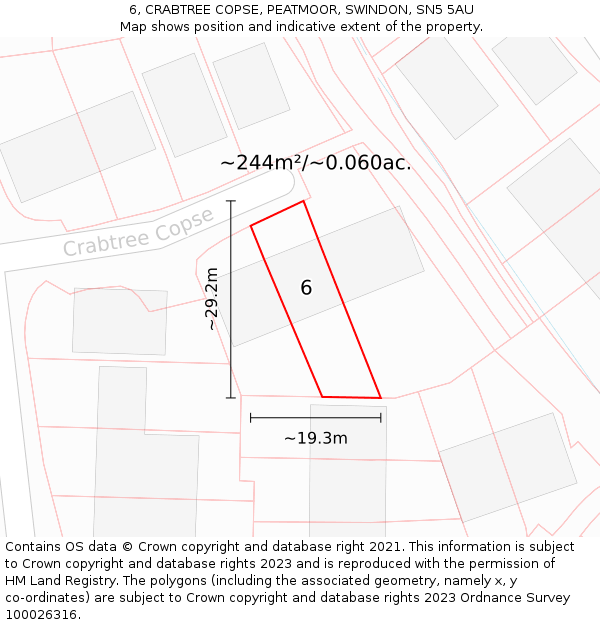 6, CRABTREE COPSE, PEATMOOR, SWINDON, SN5 5AU: Plot and title map