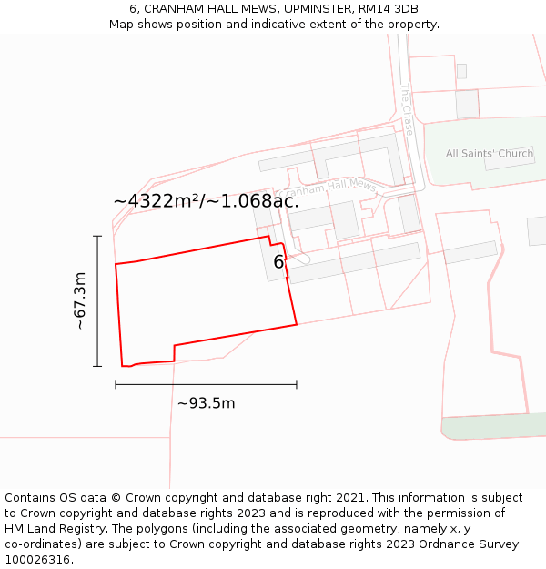 6, CRANHAM HALL MEWS, UPMINSTER, RM14 3DB: Plot and title map