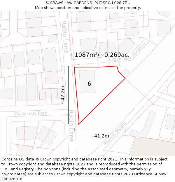 6, CRAWSHAW GARDENS, PUDSEY, LS28 7BU: Plot and title map