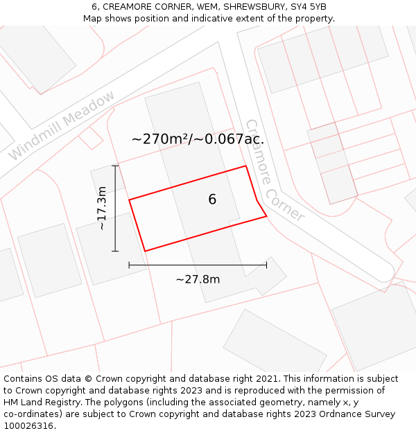 6, CREAMORE CORNER, WEM, SHREWSBURY, SY4 5YB: Plot and title map