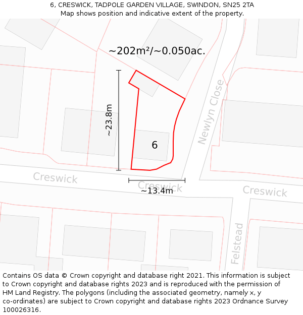 6, CRESWICK, TADPOLE GARDEN VILLAGE, SWINDON, SN25 2TA: Plot and title map